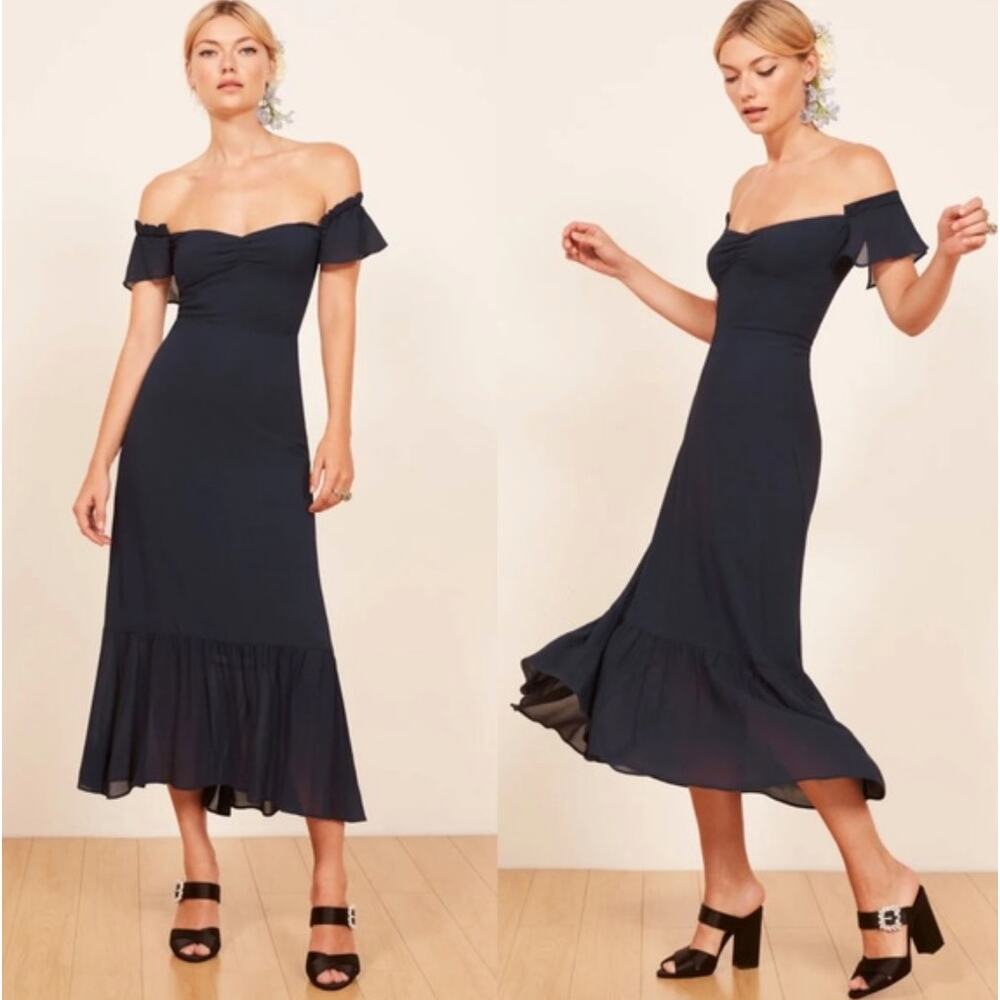REFORMATION Butterfly Off Shoulder Maxi Dress Navy Blue {YY43}